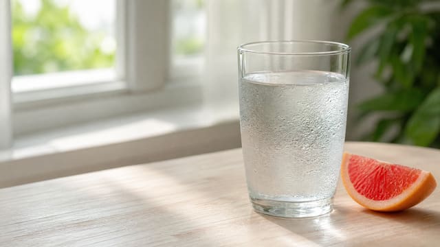 A clear glass of water with a citrus slice on a bright table.