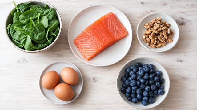 Salmon, leafy greens, eggs, walnuts and blueberries on ceramic plates.