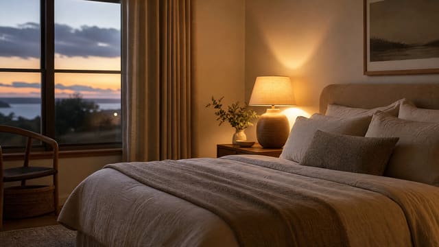 A calm bedroom at dusk with a warm bedside lamp.