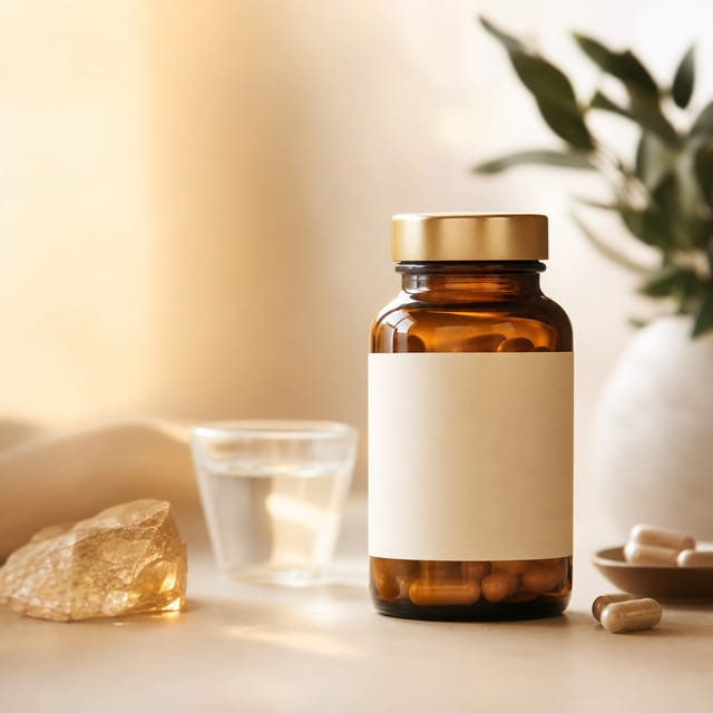 An amber supplement bottle with a plain label in warm morning light.