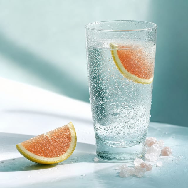 A glass of sparkling water with citrus and mineral salt crystals.