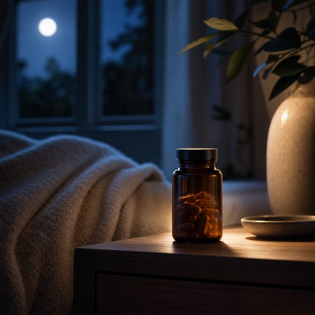 An amber supplement bottle on a bedside table in soft moonlight.