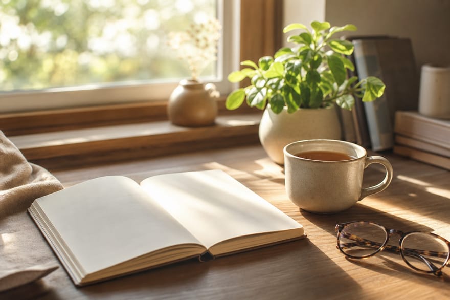 Morning light on a tidy desk with an open notebook, a mug of tea, and a small plant.
